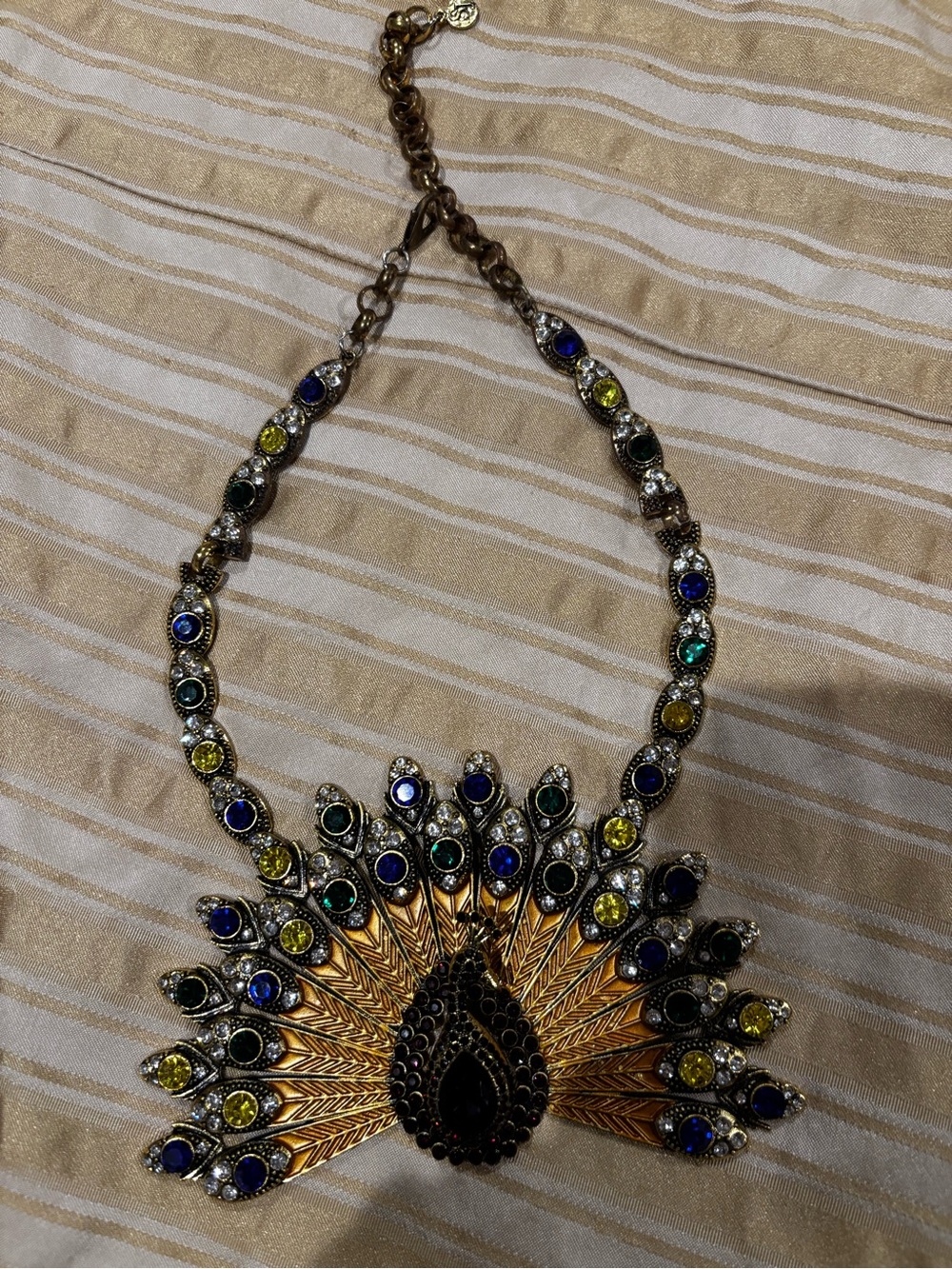 Statement Peacock Fan Necklace with Blue, Green, and Yellow Stones